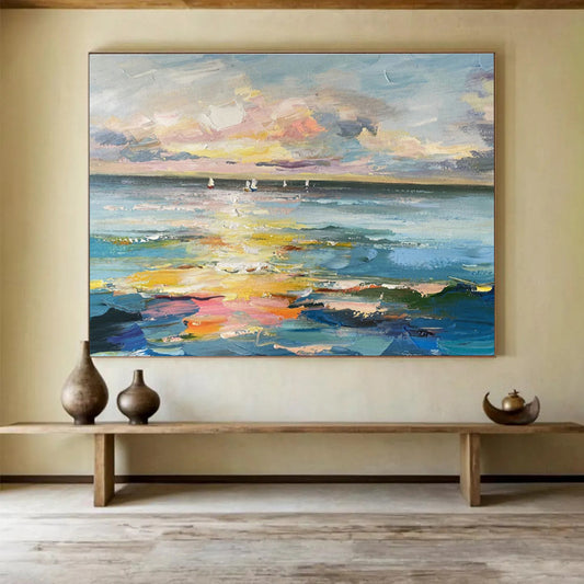 Sea View with Sailboats Oil Painting for Nautical - Themed Living Rooms DLZ2499