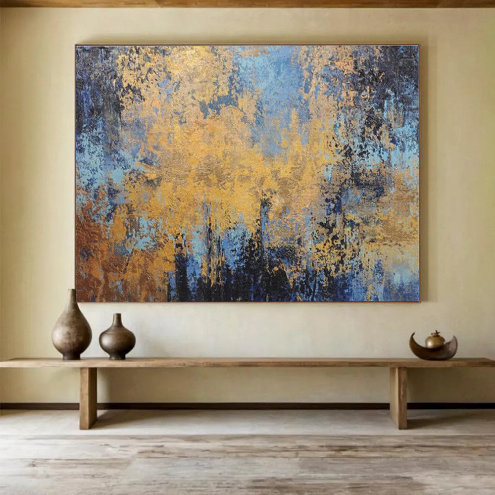 Gold - Blue Abstract Art: Elevate Your Living Room with Dreamy Color Blends DLZ2384