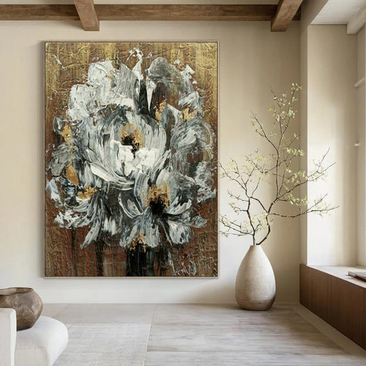 White Flowers with Gold Art for Luxury Home Bedroom & Art - Loving Spa DLZ2107