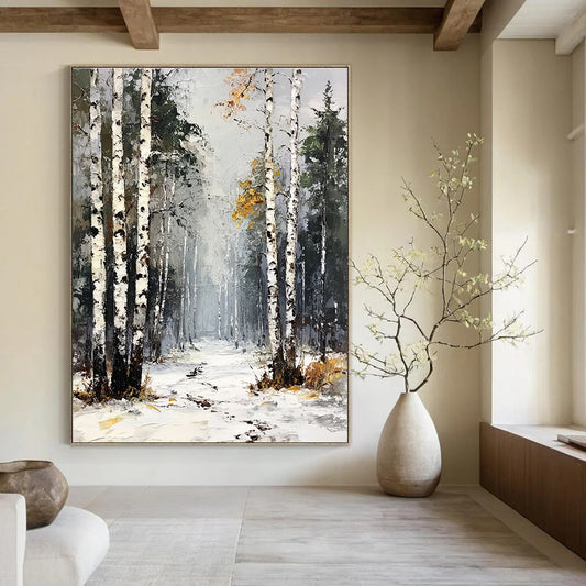 Snowy Birch Forest Path 3 Art for Mountain Chalet & Nature - Inspired Living Room STSC1386