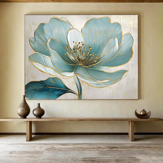 Blue Flower with Gold Accents Art for Luxury Home Bedroom & High - End Spa SC423