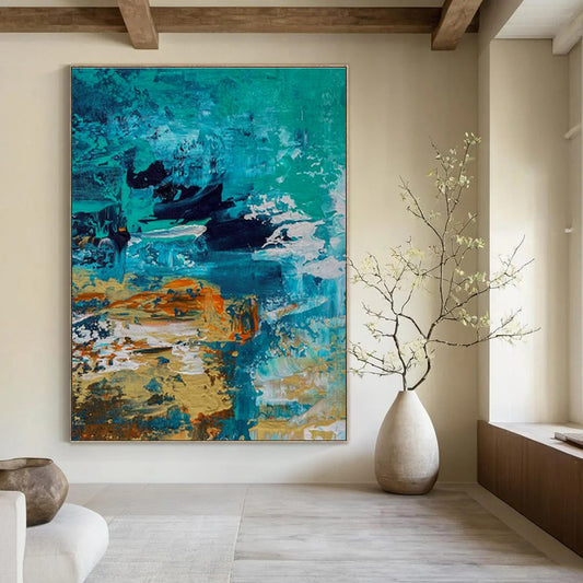 Blue - Orange Abstract Art for Coastal Home Living Room Walls DLZ0035