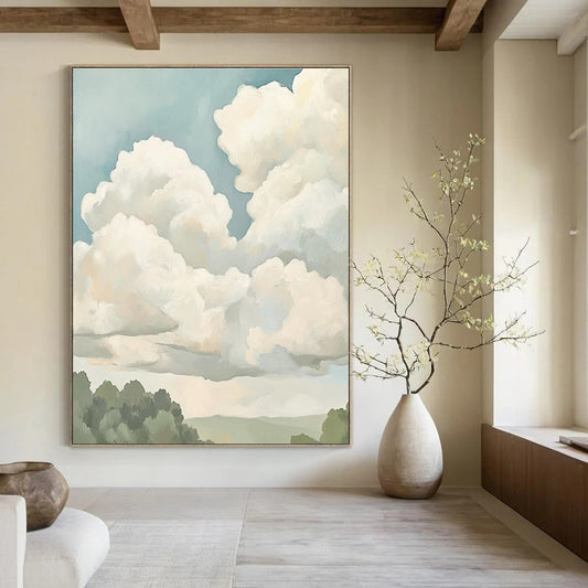 Puffy Clouds Sky Art for Wellness Retreat & Minimalist Home Office STSC1395