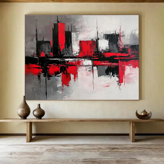 Red - Black Cityscape Abstract Art for Corporate Boardroom & Urban - Themed Bar SC239