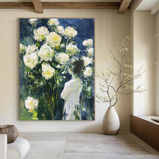 Woman and White Roses Impressionistic Floral Art for Romantic Home Bedroom & Garden - Themed Home Salon STSC1489