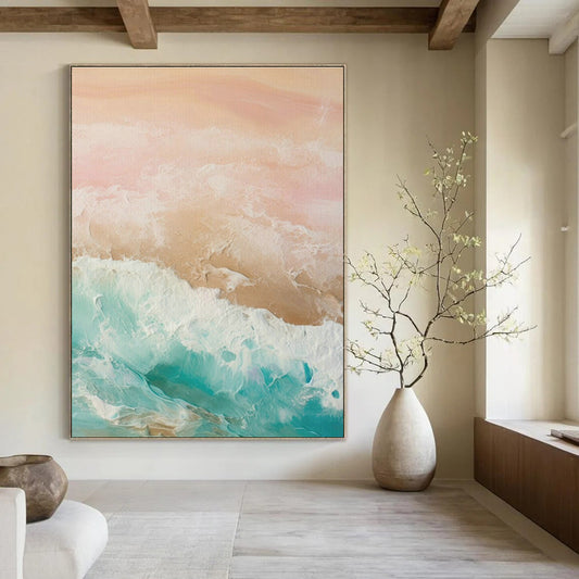 Pastel Ocean Waves Abstract Art for Beachfront Villa Living Room & Bohemian Café DLZ1631