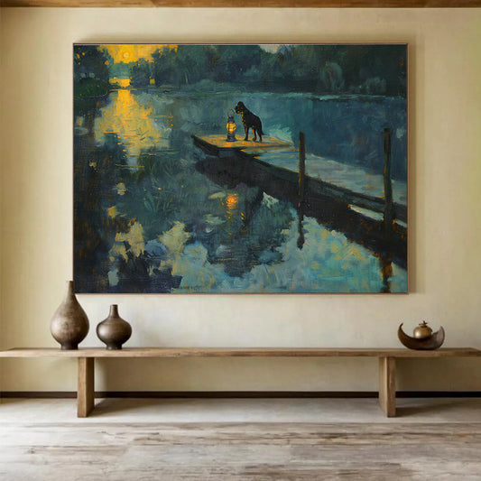 Lakeside Dog & Lantern Oil Painting for Rustic Cabin Living Rooms DLZ2605
