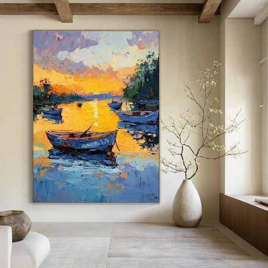 Sunset Boats on the Lake Art for Lakeside Resort & Cozy Cottage Living Room STSC1389