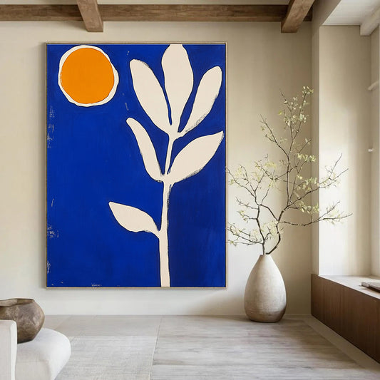 Blue Background with Orange Circle and White Leaf Art for Modern Bedroom & Eco - Friendly Store STSC1316