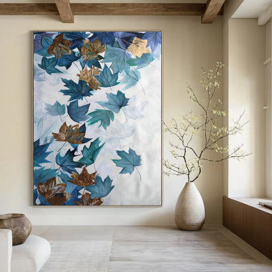 Blue - Gold Maple Leaf Abstract Art for Autumn - Themed Café & Nature - Lover’s Home DLZ0774
