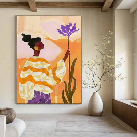 Woman with Purple Flower in Orange - Yellow Art for Bohemian Café & Creative Studio DLZ0695