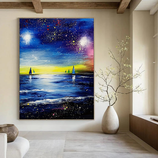 Starry Night Sea with Sailboats for Nautical - Themed Living Room & Cozy Beach Cottage STSC526