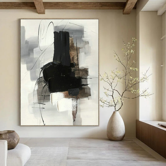 Simple Black - White - Gray Abstract Painting for Modern Studio & Monochrome Home DLZ1287