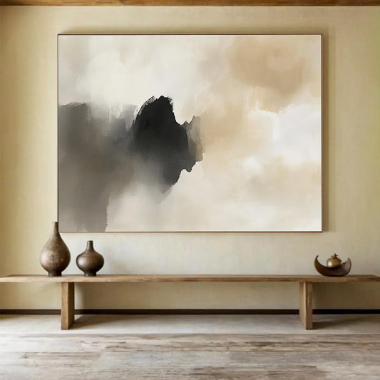 Beige - Black Abstract Clouds Art for Minimalist Bedroom & Serene Spa SC222