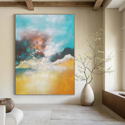 Blue - Yellow Hazy Abstract Art for Coastal Bedroom & Relaxing Spa DLZ0771