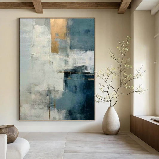 Blue - Gray - Gold Abstract Art for Modern Office Lobby & Art - Centric Dining Area DLZ2120