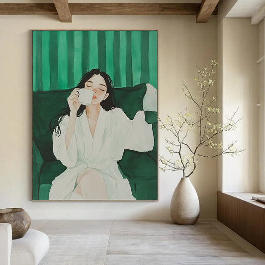 Woman in White Robe Drinking Coffee for Serene Home Library & Calming Spa Lounge STSC1002