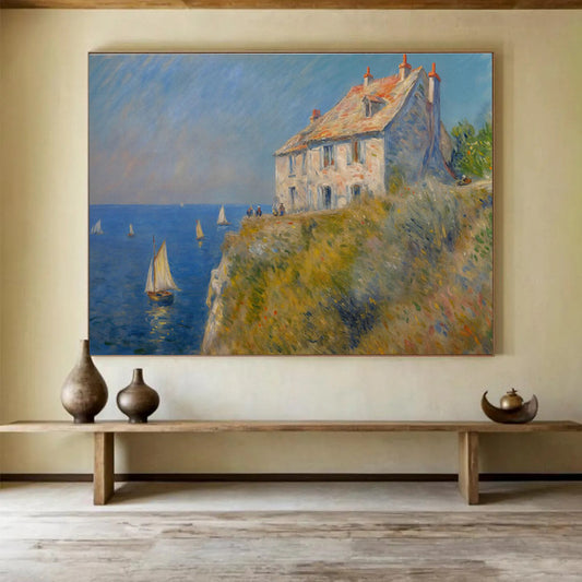 Seaside Stone House Oil Painting (Renoir - Style) for Coastal Villa Dining Areas DLZ2606