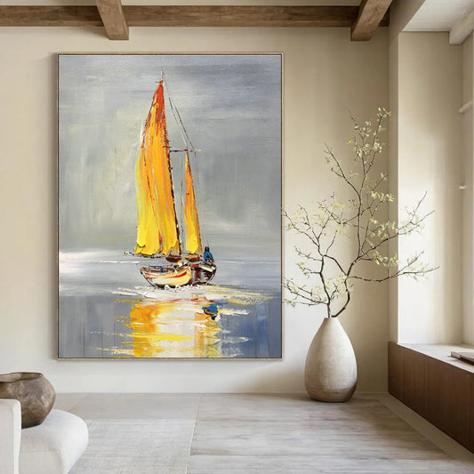 Yellow - Sailed Boat Oil Painting for Lakeside Café & Bright Coastal Kitchen DLZ0855
