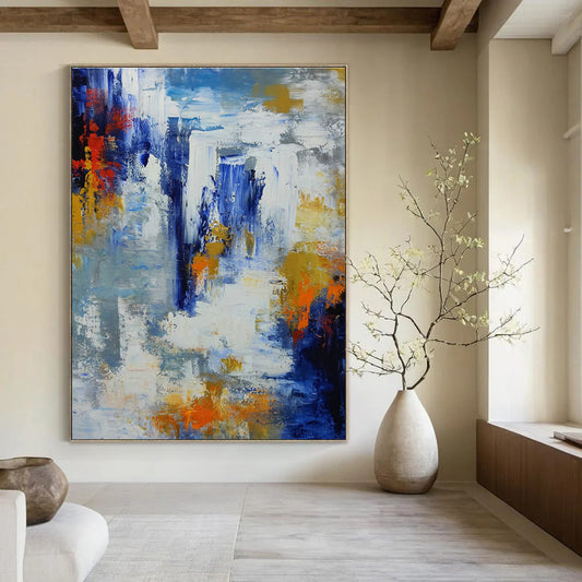 Blue - Orange Splash Abstract Art for Beach House Living Room & Coastal Gallery DLZ1345