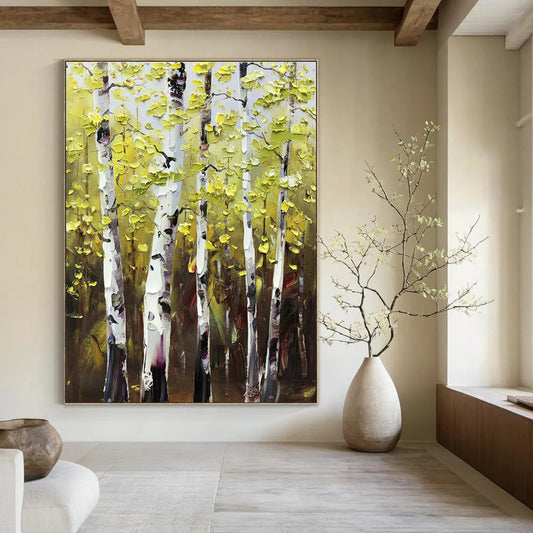 Golden - Leaf Birch Forest Oil Painting for Autumn - Themed Home & Rustic Restaurant DLZ1289