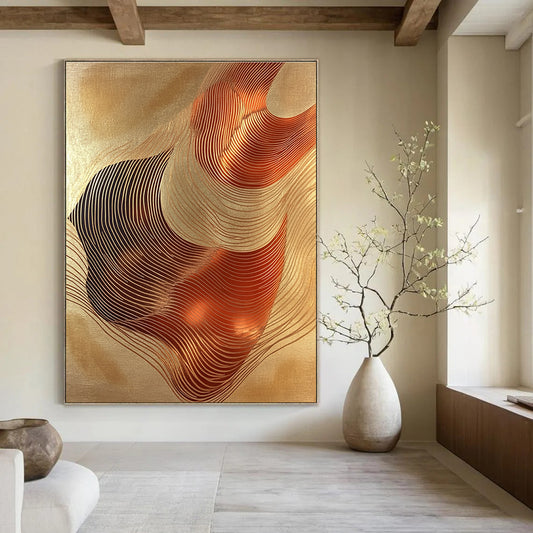 Golden Wavy Lines Art for Luxury Hotel Lobby & Modern Home Living Room STSC1440