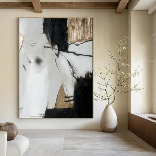 Black, White, and Gold Abstract Art for Luxury Hotel Lobby & High - End Jewelry Store DLZ1012