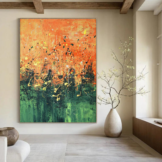 Orange - Green Splatter Abstract Art for Living Room & Art Studio DLZ0445