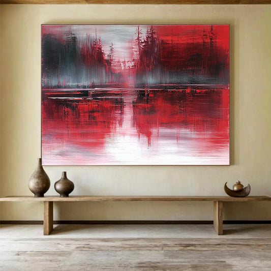Red Forest Reflection Art for Rustic Cabin & Dark - Themed Bar SC155
