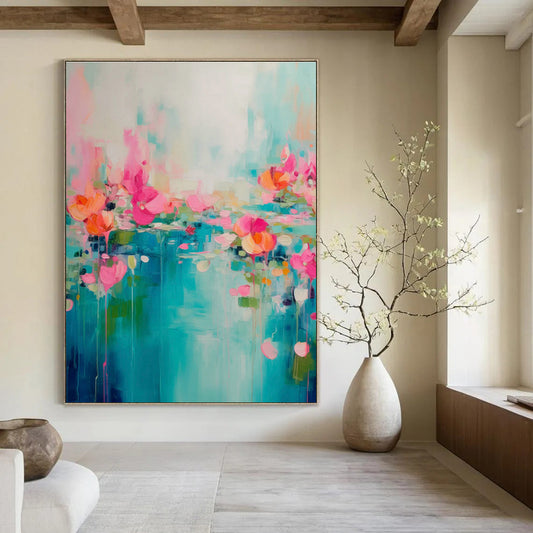 Blue - Pink Floral River Art for Bohemian Living Room & Coastal Café DLZ1000