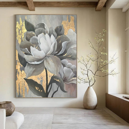 Gray - Gold Floral Art for Luxury Hotel Lobby & Elegant Dining Room DLZ2320