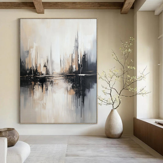 Monochromatic Cityscape Reflection Art for Modern Office Reception & Minimalist Home Library STSC1352