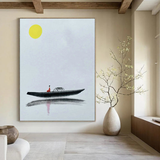 Ink - Wash Boat Art for Asian - Inspired Restaurant & Zen Garden Pavilion DLZ1786