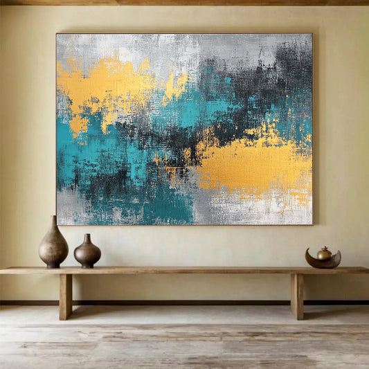 Gray - Teal - Gold Abstract Art for Modern Office Reception & Luxury Home Living Room SC260
