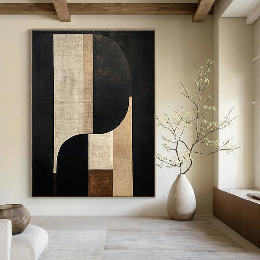 Abstract Geometric Shapes in Black and Beige Art for Minimalist Home Entryway & Modern Art Museum STSC1058