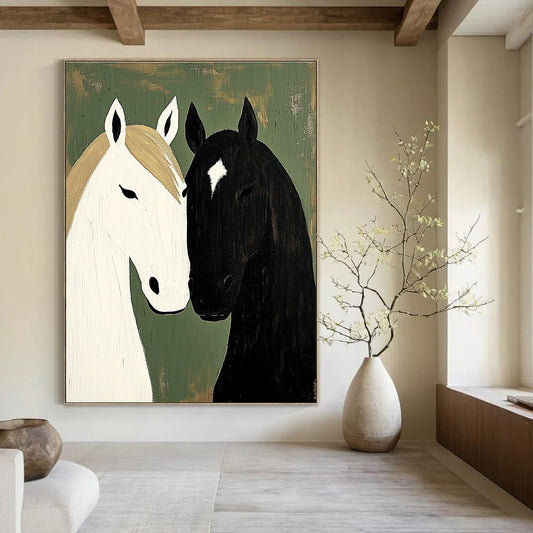 Black and White Horses Minimalist Equine Art for Scandinavian - Style Home & Bohemian - Inspired Bedroom STSC1453