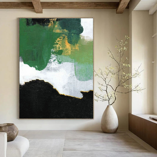 Green - Gold - White Block Abstract Art for Modern Living Room & Art - Centric Café DLZ1229