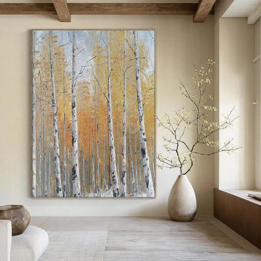 Golden Autumn Birch Forest Oil Painting for Country Villa & Fall Festival Venue DLZ1306