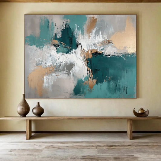 Teal - Gold Abstract Fusion Art for Luxury Hotel Ballroom & Upscale Home Dining Room SC243