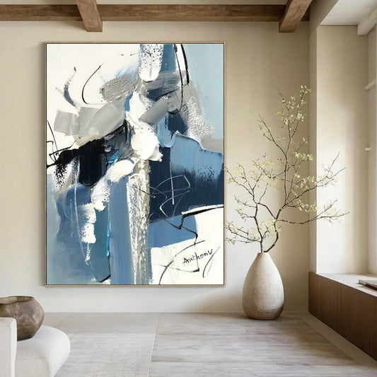 Blue - Gray Brushstroke Abstract Art for Modern Office Lobby & Art Gallery Corridor DLZ0782