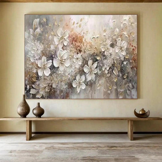 White - Gold Floral Oil Painting for Elegant Bedroom Wall Decor DLZ2643