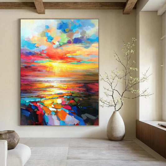 Vibrant Sunset Sea Oil Painting for Beachfront Resort & Nautical - Themed Restaurant DLZ1071