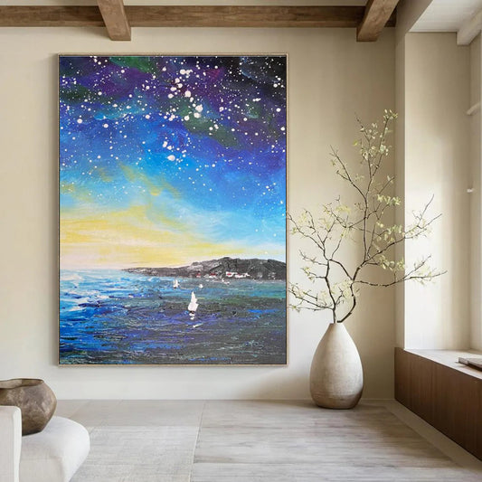 Starry Night Sea Oil Painting for Living Room & Cottage DLZ0347