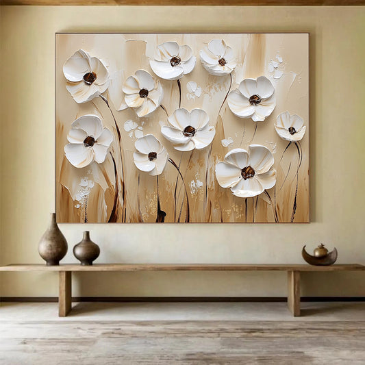 White Flowers on Beige Art for Minimalist Bedroom & Art Gallery SC003