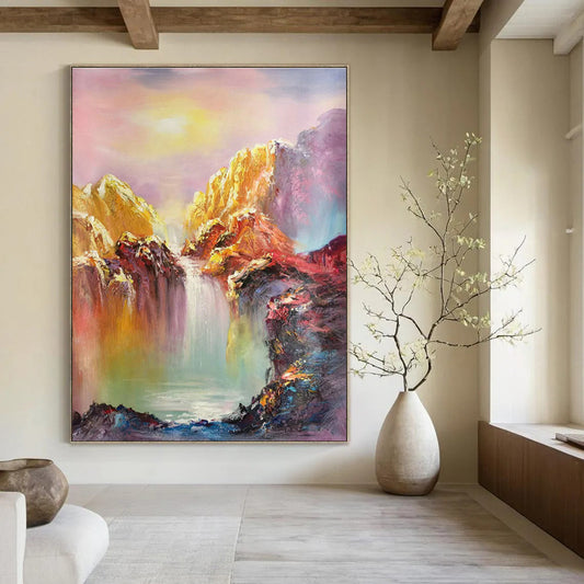 Colorful Mountain Waterfall Oil Painting for Luxury Hotel Suite & Wellness Spa DLZ1286