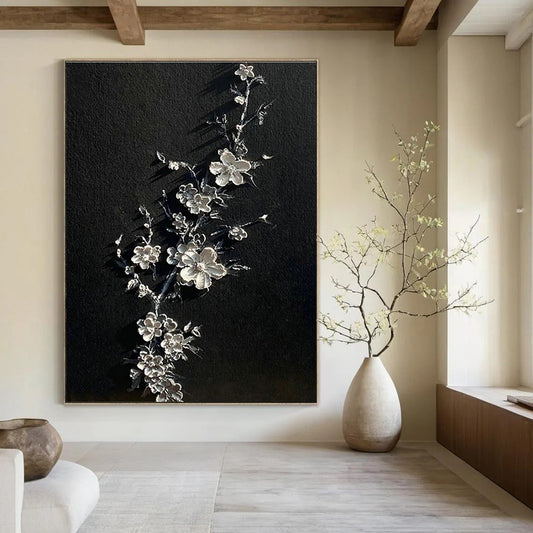 Silver Blossom on Black Art for Elegant Bedroom & Asian - Inspired Lounge DLZ2243