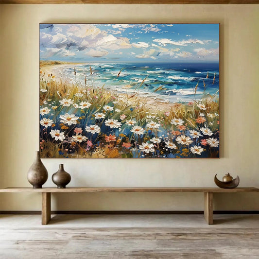 Seaside Flower Field Oil Painting for Relaxing Beach House Bedrooms DLZ2639