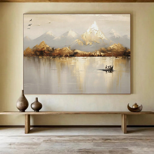 Mountain - Lake Boat Oil Painting for Rustic Cabin Living Areas DLZ2542