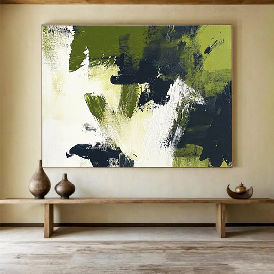 Green - Black Abstract Brushstrokes Art for Eco - Friendly Café & Modern Garden - Themed Office SC248