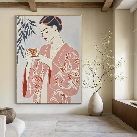 Woman in Pink Kimono Art for Japanese - Inspired Tea House & Minimalist Living Room STSC1314